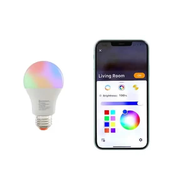 EcoSmart 60-Watt Equivalent Smart A19 E26 Base Color Changing CEC LED Light Bulb with Voice Control (4-Bulb) Powered by Hubspace, 12A19060WRGBWH4 [Actual Color Temperature (K): 220