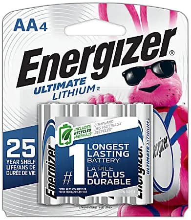 Energizer Ultimate Lithium AA Batteries (4 Pack), 1.5V Lithium Double A Batteries [battery capacity 2900 mAh, Cell Type Lithium Ion, voltage 1.5 V, model L91BP-4]