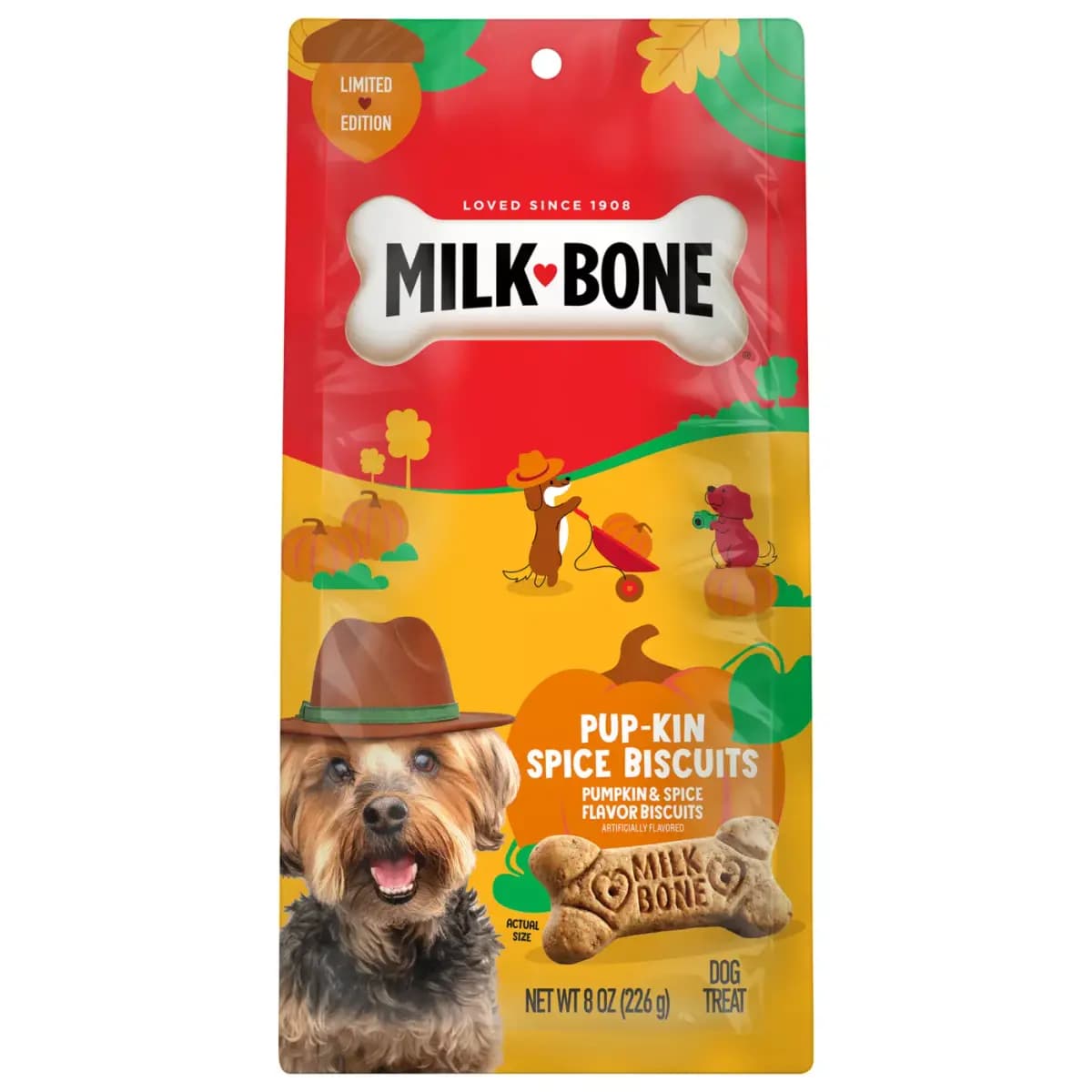 Milk-Bone Pup-kin Spice Biscuits, Pumpkin Spice Artificially Flavored Dog Treats 8 oz [Species Dog, Brand Milk-Bone, Food Type Treat, Breed Size All]