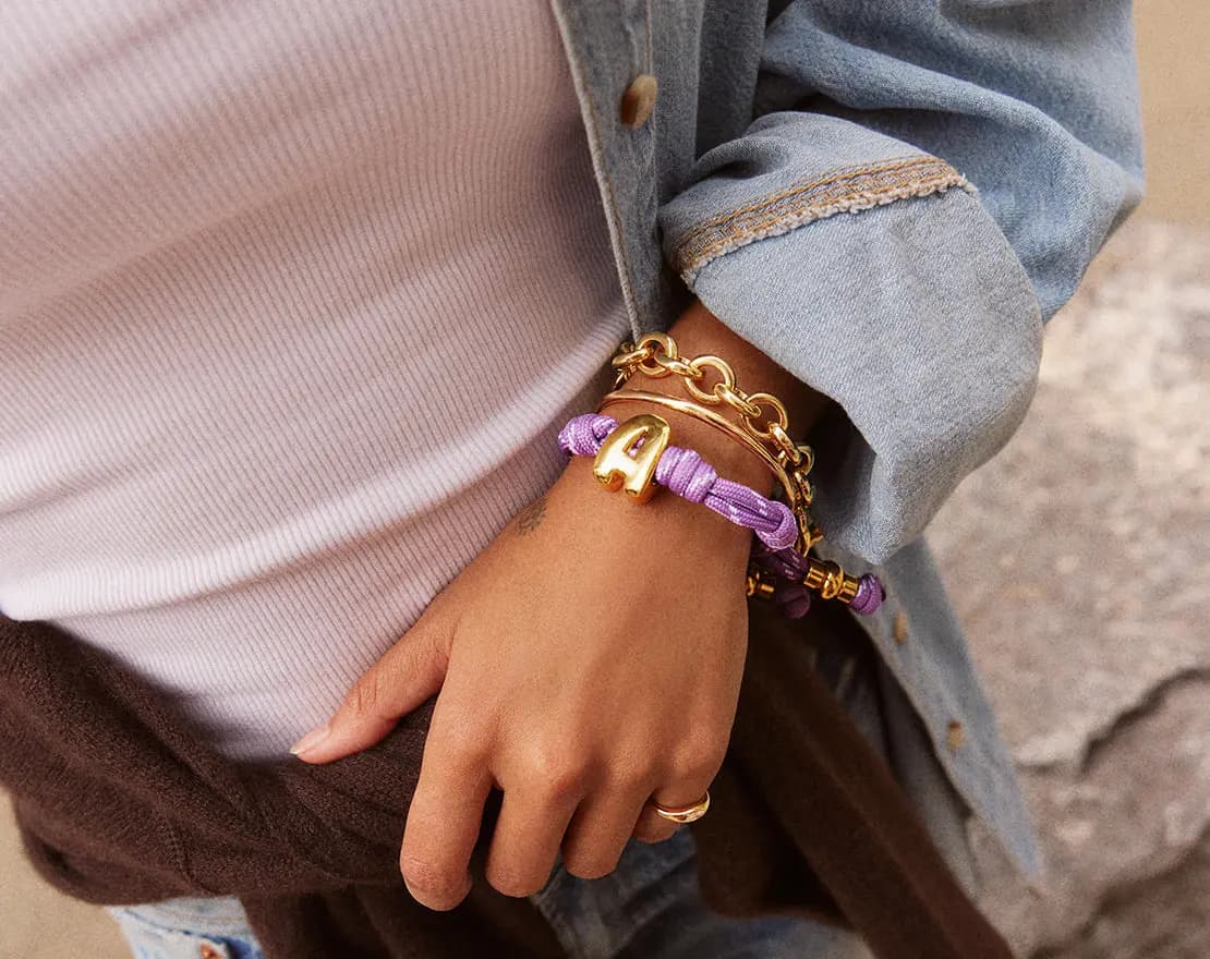 BaubleBar Knotty Initial Custom Bracelet - Lilac Purple Double Letters Gold [Adjustable pull-tie so you can get a perfect fit, Personalized with the capital letter of yo, Choose fr