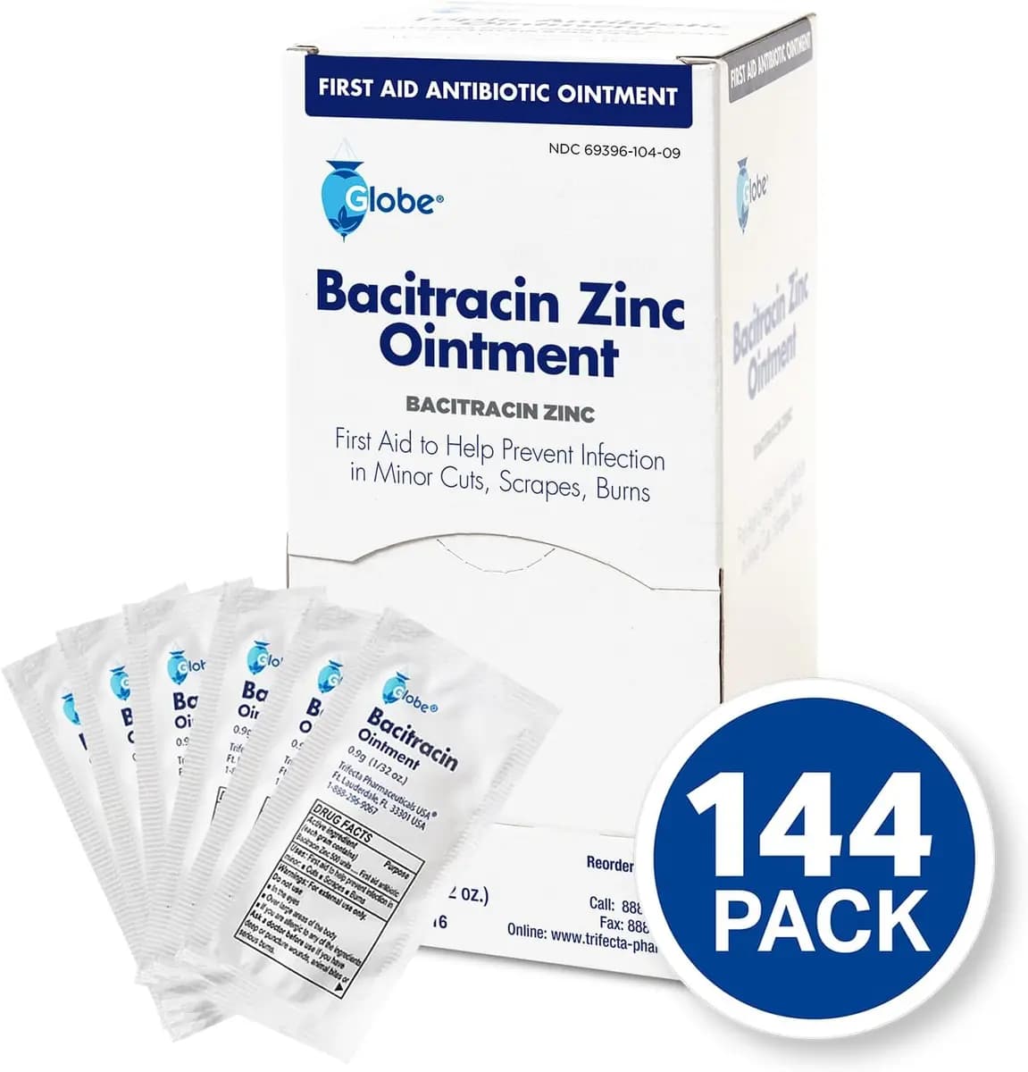 Globe Bacitracin Zinc Ointment, 144 Pack, Single Use Packets, 0.9 g [Globe, 4 ounces, 3 x 3 x 6 inches]
