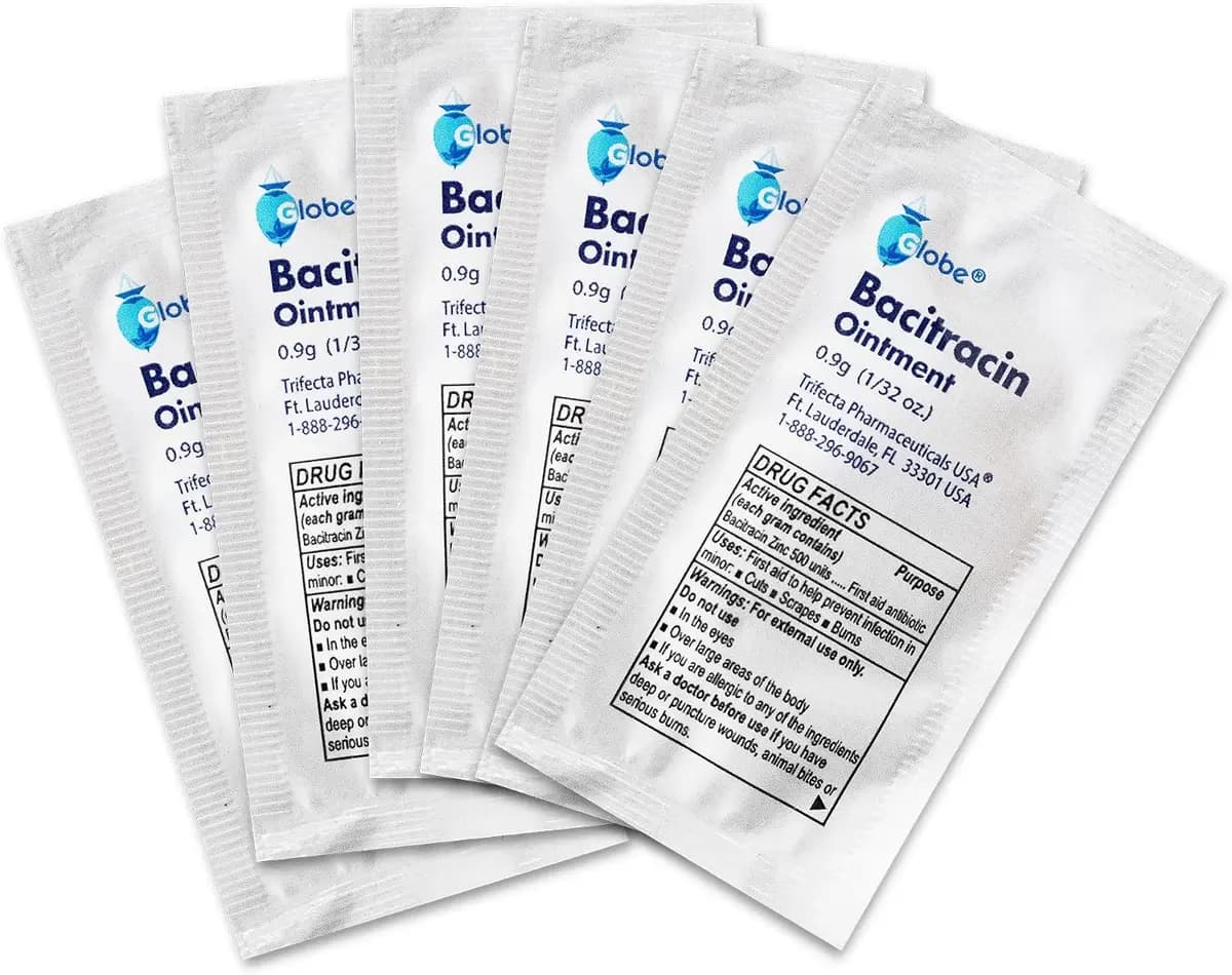 Globe Bacitracin Zinc Ointment, 144 Pack, Single Use Packets, 0.9 g [Globe, 4 ounces, 3 x 3 x 6 inches]