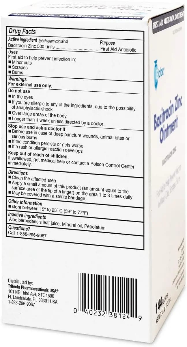 Globe Bacitracin Zinc Ointment, 144 Pack, Single Use Packets, 0.9 g [Globe, 4 ounces, 3 x 3 x 6 inches]