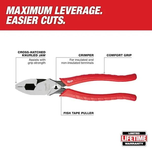 Milwaukee 9 in. High Leverage Lineman's Pliers with Crimper, 48-22-6100 [Electrical Tools Features: Handheld, Features: Adjustable,Anti-Rust, Hand Tool Type: Linesman Pliers]