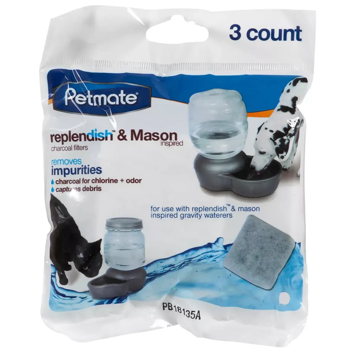 Petmate® Replendish Pet Waterer Charcoal Replacement Filters, 3 Count, Dog & Cat Water Fountains [Includes 1 Filter, Intended Pet(s) Dog, Cat, Small Pet, Material(s) Polyester, Col
