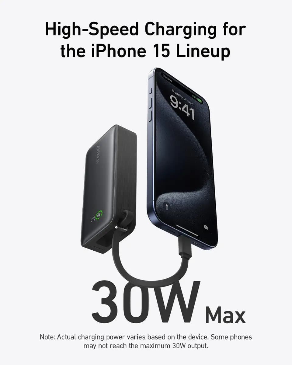 Anker Nano Power Bank (30W, Built-In USB-C Cable) [7.58 oz (215 g), 4.09 × 2.06 × 1.02 in (104 × 52.3 × 26 mm), 24W Max]