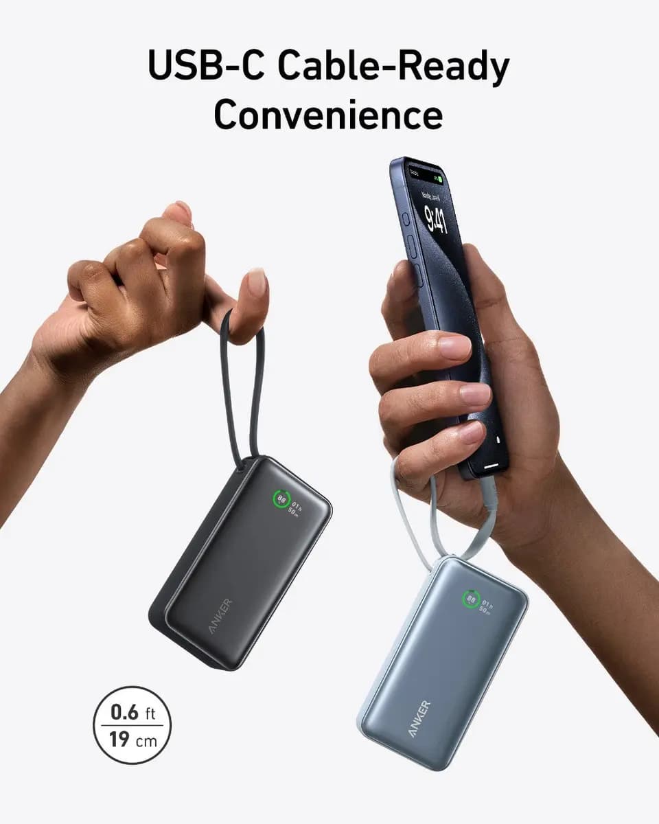 Anker Nano Power Bank (30W, Built-In USB-C Cable) [7.58 oz (215 g), 4.09 × 2.06 × 1.02 in (104 × 52.3 × 26 mm), 24W Max]
