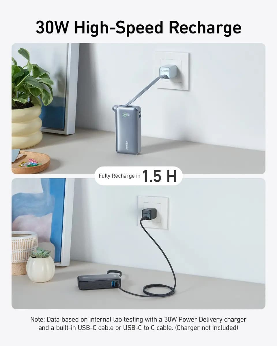 Anker Nano Power Bank (30W, Built-In USB-C Cable) [7.58 oz (215 g), 4.09 × 2.06 × 1.02 in (104 × 52.3 × 26 mm), 24W Max]