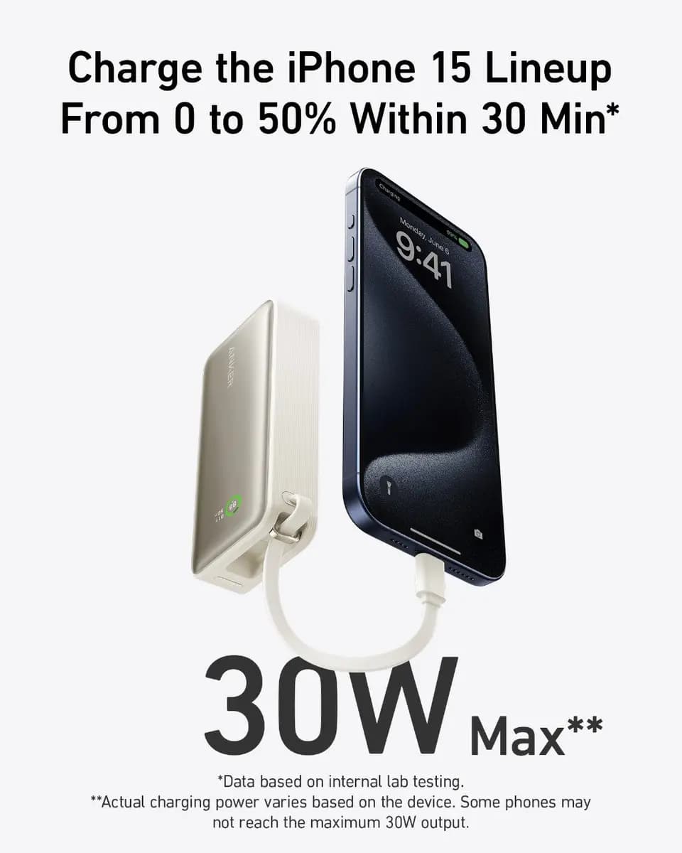 Anker Nano Power Bank (30W, Built-In USB-C Cable) [7.58 oz (215 g), 4.09 × 2.06 × 1.02 in (104 × 52.3 × 26 mm), 24W Max]