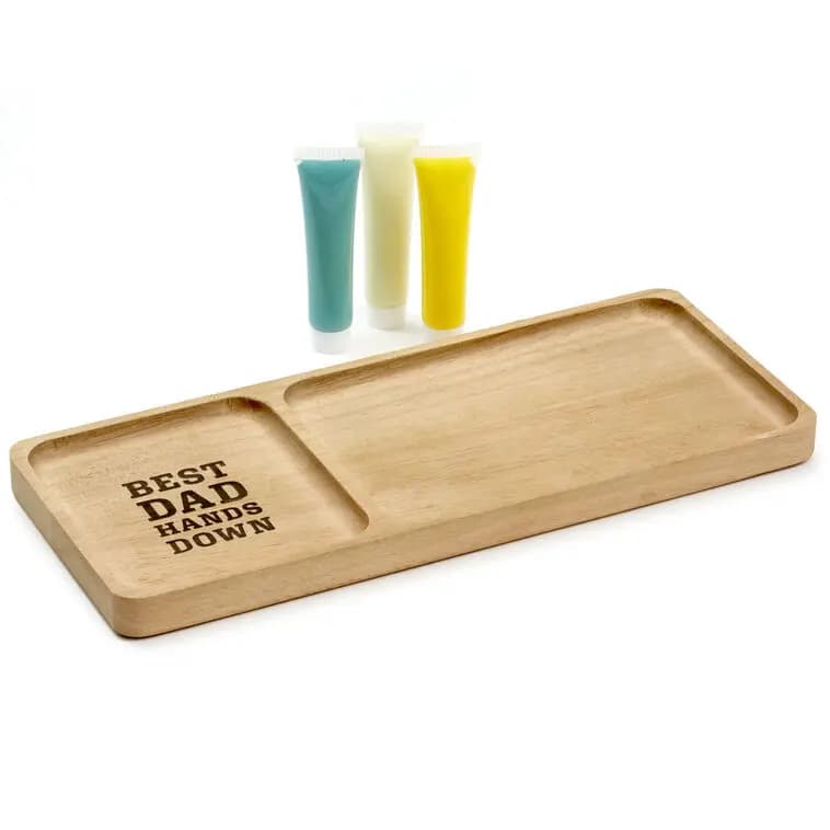 Best Dad Hands Down Trinket Tray Handprint Kit, 12x5 [Message On one end of tray: Best Dad Hands Down., Dimensions 12'' W x 1.25'' H x 5'' D, Material Wood., Count 1]