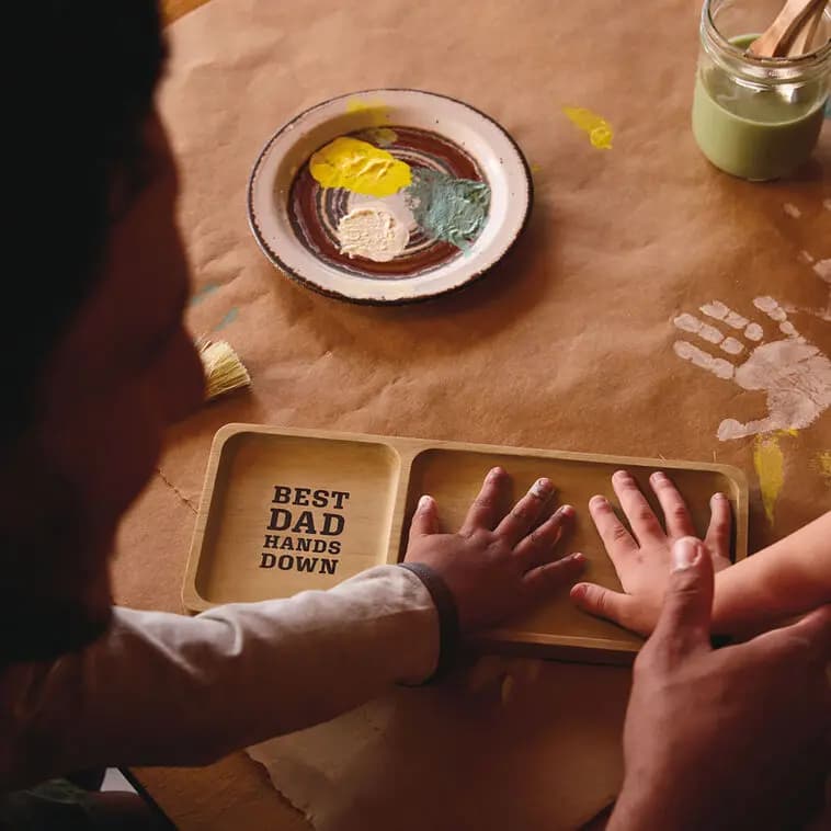 Best Dad Hands Down Trinket Tray Handprint Kit, 12x5 [Message On one end of tray: Best Dad Hands Down., Dimensions 12'' W x 1.25'' H x 5'' D, Material Wood., Count 1]