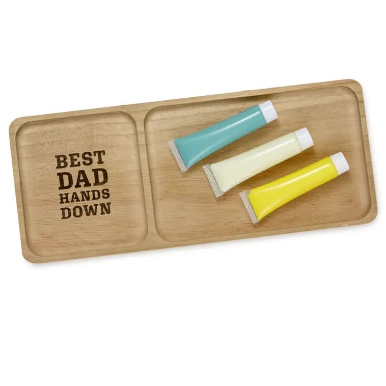 Best Dad Hands Down Trinket Tray Handprint Kit, 12x5 [Message On one end of tray: Best Dad Hands Down., Dimensions 12'' W x 1.25'' H x 5'' D, Material Wood., Count 1]