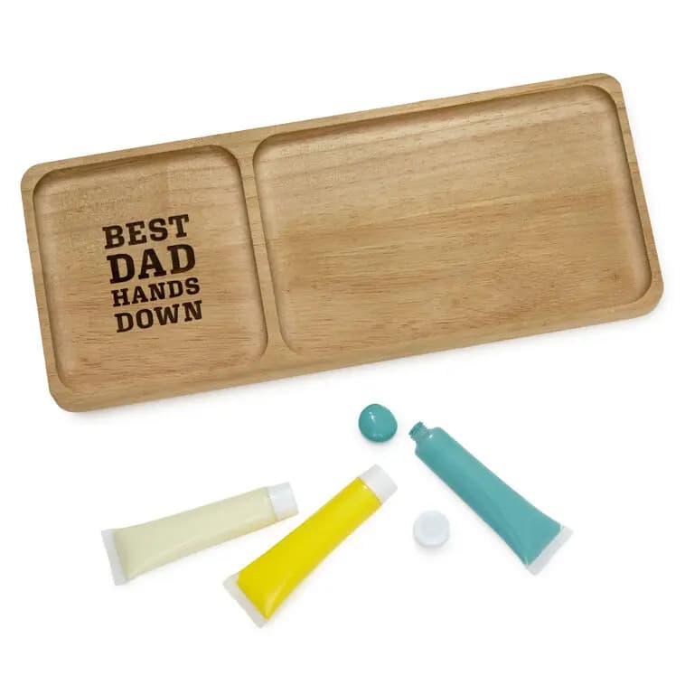 Best Dad Hands Down Trinket Tray Handprint Kit, 12x5 [Message On one end of tray: Best Dad Hands Down., Dimensions 12'' W x 1.25'' H x 5'' D, Material Wood., Count 1]