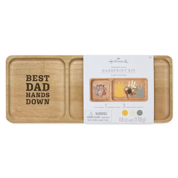 Best Dad Hands Down Trinket Tray Handprint Kit, 12x5 [Message On one end of tray: Best Dad Hands Down., Dimensions 12'' W x 1.25'' H x 5'' D, Material Wood., Count 1]