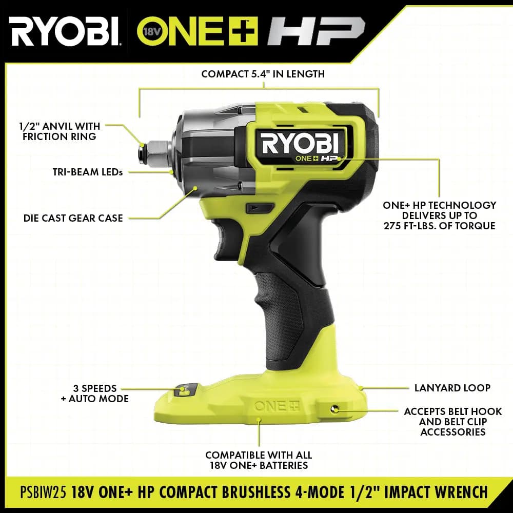 RYOBI 18V ONE+ HP Compact Brushless 4-Mode 1/2" Impact Wrench Kit [Torque Up to 275 ft-lbs., RPM (Auto) 0 - 850 / 0 - 2,100 / 0 - 2,800 / 0 - 2,200, Compact (Length) 5.4"]