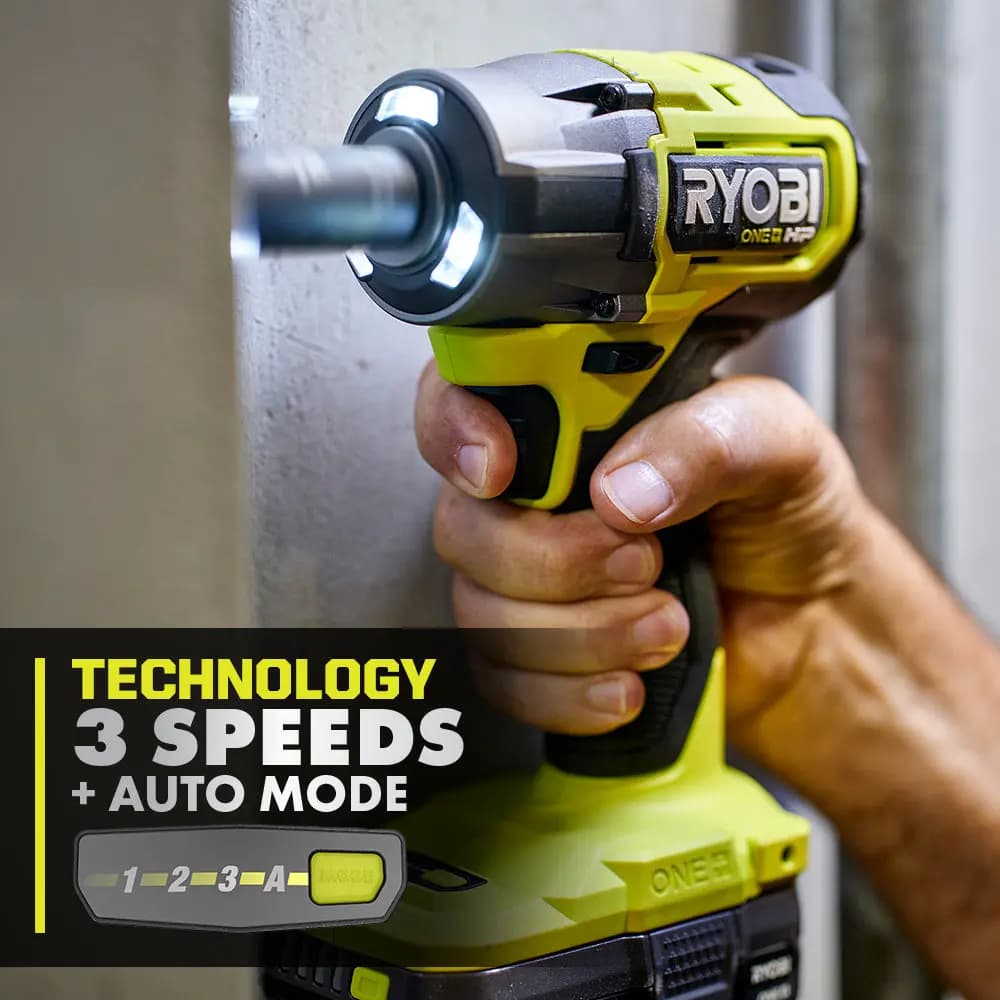 RYOBI 18V ONE+ HP Compact Brushless 4-Mode 1/2" Impact Wrench Kit [Torque Up to 275 ft-lbs., RPM (Auto) 0 - 850 / 0 - 2,100 / 0 - 2,800 / 0 - 2,200, Compact (Length) 5.4"]