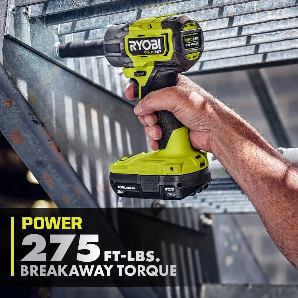RYOBI 18V ONE+ HP Compact Brushless 4-Mode 1/2" Impact Wrench Kit [Torque Up to 275 ft-lbs., RPM (Auto) 0 - 850 / 0 - 2,100 / 0 - 2,800 / 0 - 2,200, Compact (Length) 5.4"]