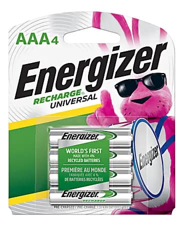 Energizer® Rechargeable NiMH AAA Batteries, Pack Of 4 [battery size AAA, Number of Batteries Per Pack/Box 4, Number of Packs/Boxes 1, Cell Type Ni-MH]