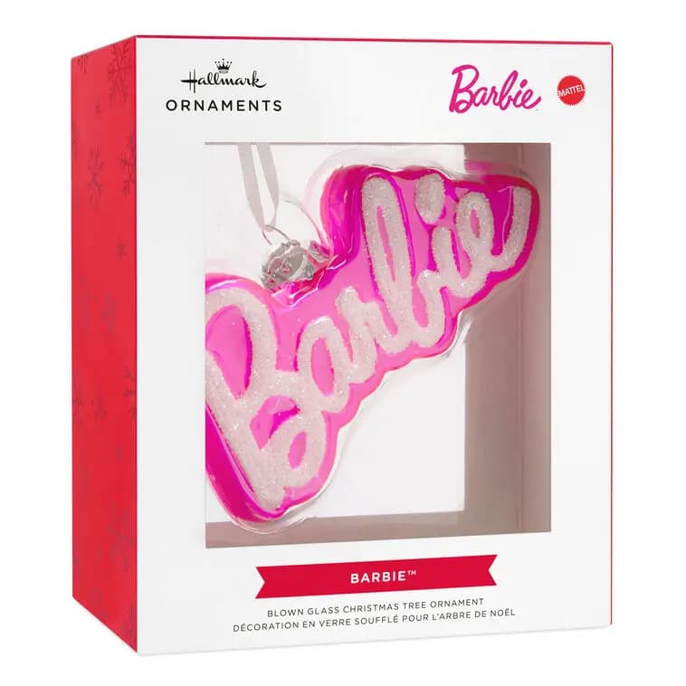 Barbie™ Logo Blown Glass Hallmark Ornament [Dimensions 4.5 x 2.5 x 1, Material Glass ornament with hanger attachment., Count One Hallmark Christmas ornament., Item number 3HCM3702]