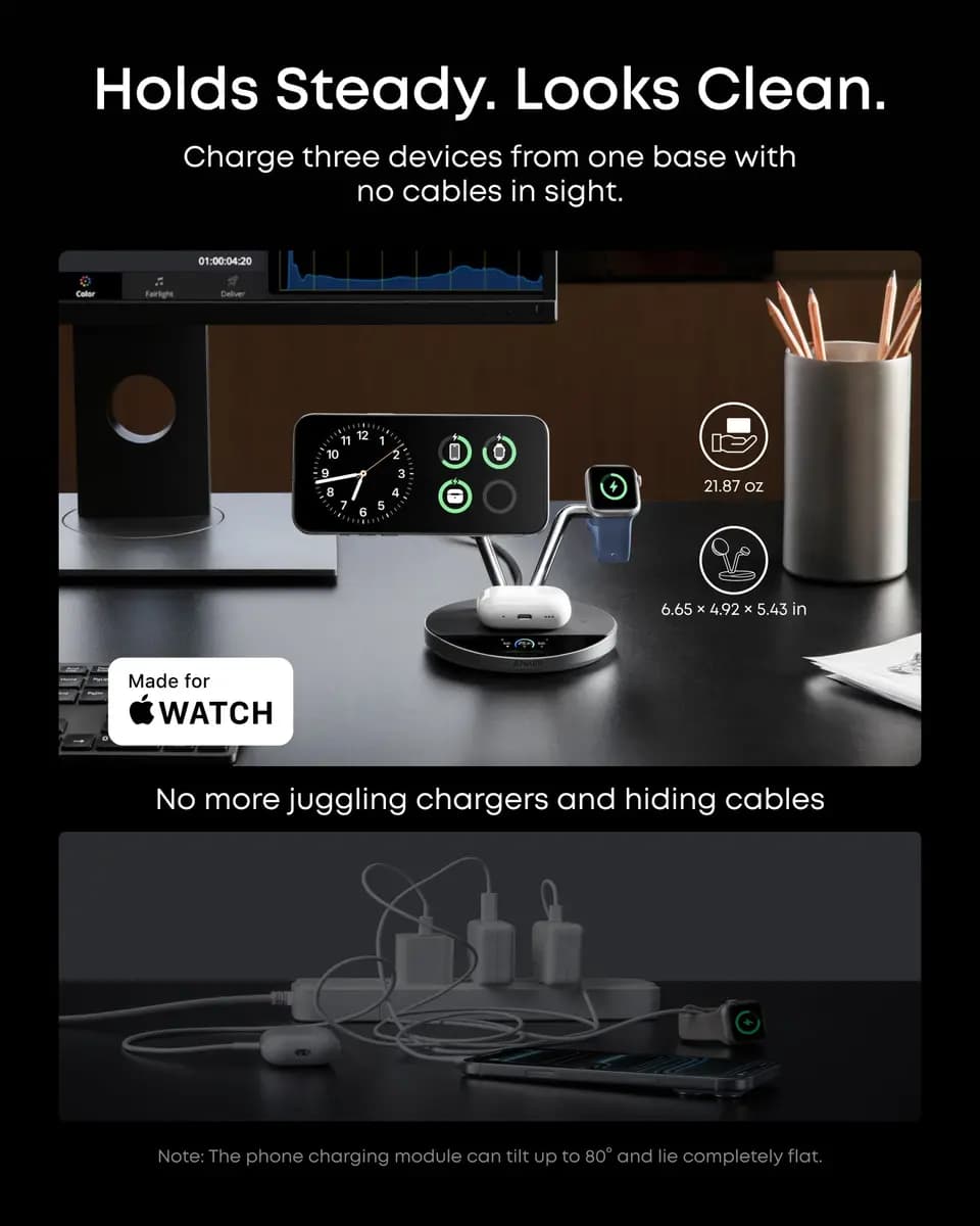 Anker Prime Wireless Charging Station (3-in-1, MagGo, AirCool, Dock Stand) [35W Max, 9.0V⎓3A / 12V⎓3A / 15V⎓3A / 20V⎓3.25A, Phone: 25W Max]