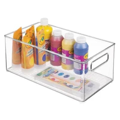 iDESIGN Kitchen Binz Plastic Deep Stackable Organizer with Handle: Clear Kitchen Cabinet Storage, 14.5" x 8" x 6" [Plastic, 1.6 Pounds, Spot or Wipe Clean]