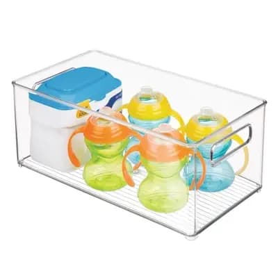 iDESIGN Kitchen Binz Plastic Deep Stackable Organizer with Handle: Clear Kitchen Cabinet Storage, 14.5" x 8" x 6" [Plastic, 1.6 Pounds, Spot or Wipe Clean]