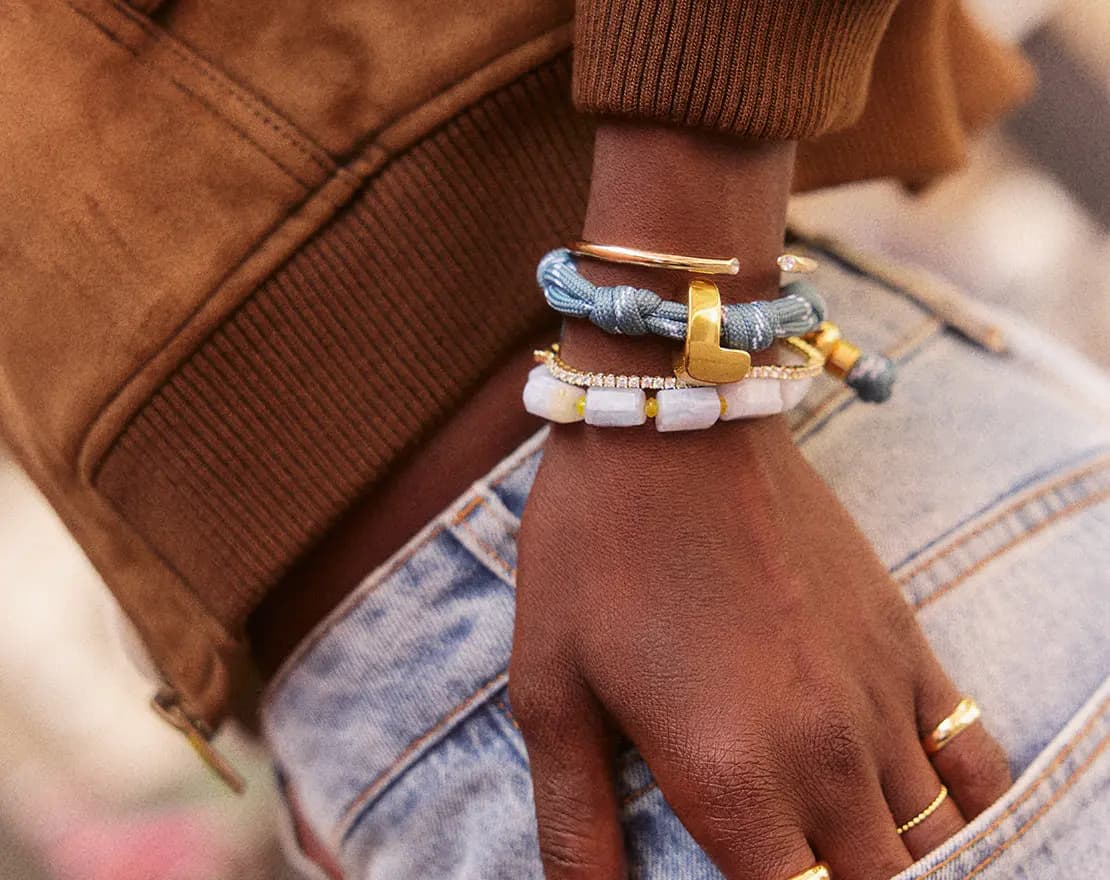 BaubleBar Knotty Initial Custom Bracelet - Dusty Blue Single Letter Gold [Adjustable pull-tie so you can get a perfect fit, Personalized with the capital letter of yo, Choose from 