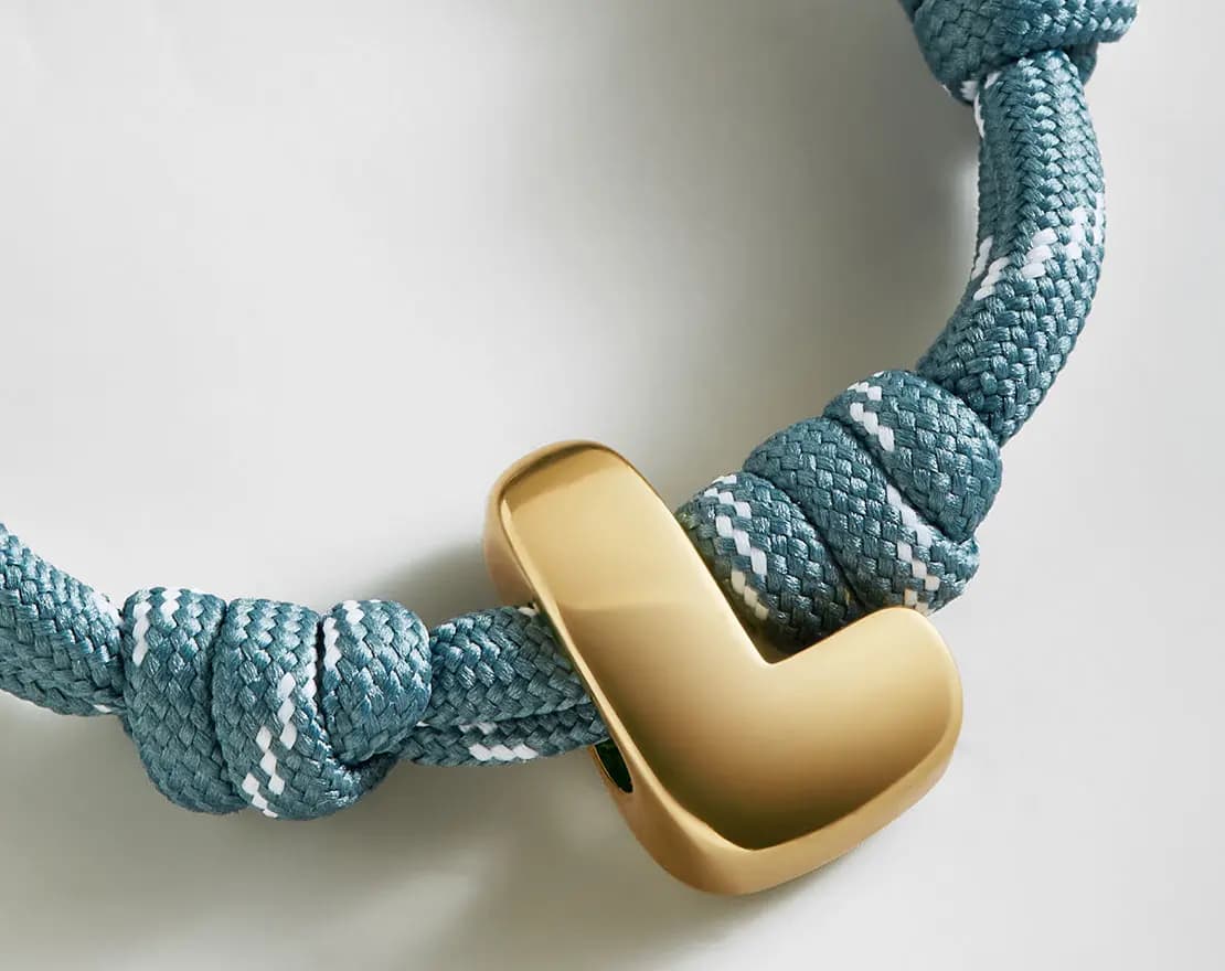 BaubleBar Knotty Initial Custom Bracelet - Dusty Blue Single Letter Gold [Adjustable pull-tie so you can get a perfect fit, Personalized with the capital letter of yo, Choose from 