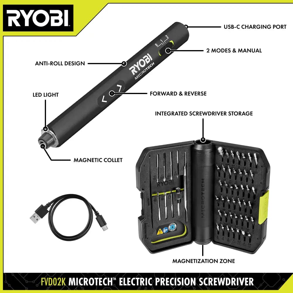 RYOBI MICROTECH Electric Precision Screwdriver [Torque up to 0.2 Nm, RPM 200, Collet Type 4mm]
