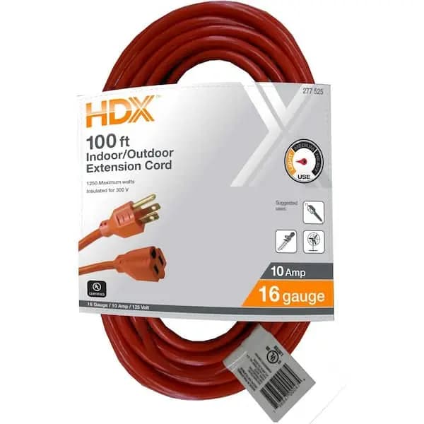 HDX 100 ft. 16/3 Light Duty Indoor/Outdoor Extension Cord, Orange, HD#277-525 [Cord Color: Orange, Cord Length (ft.): 100 ft, Features: No Additional Features]