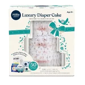 Millie Moon Luxury Diaper Cake - Size 1 - 50ct [Disposability Do not flush, Package Quantity 50, Industry or Government Certifications OEKO-TEX STANDARD 100, Diaper Weight Range Up