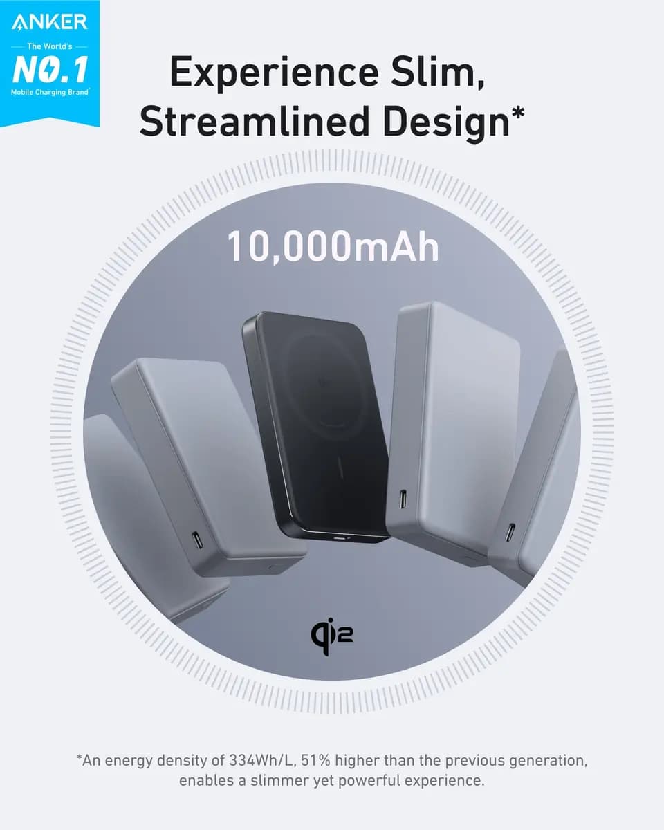 Anker MagGo Power Bank (10K, Slim) [10,000mAh, 5V⎓3A / 9V⎓3A / 15V⎓2A, USB-C: 5V⎓2.4A (12W Max)]
