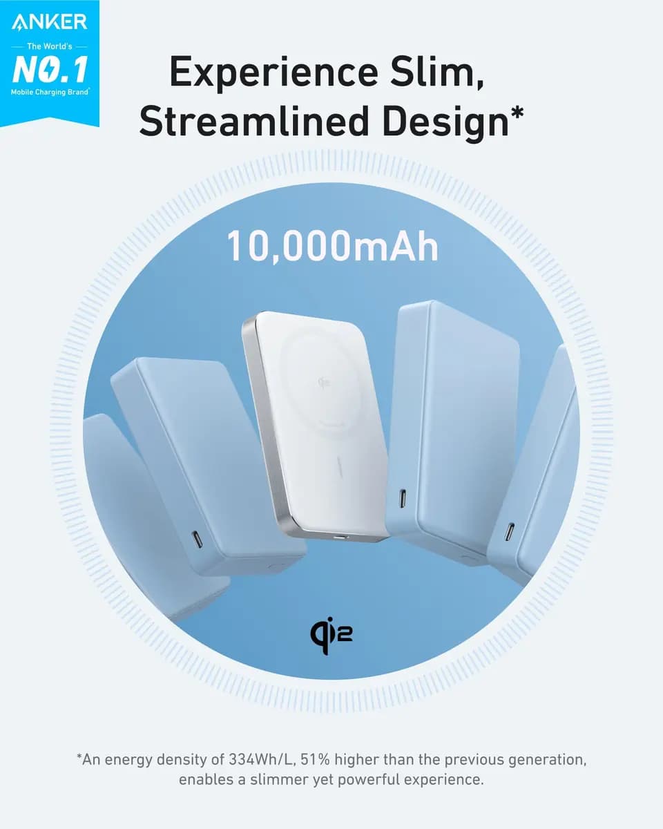 Anker MagGo Power Bank (10K, Slim) [10,000mAh, 5V⎓3A / 9V⎓3A / 15V⎓2A, USB-C: 5V⎓2.4A (12W Max)]