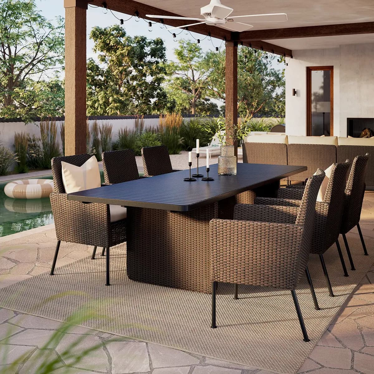 IKEA VITTSKÄR Table, plastic rattan outdoor/dark gray [Width 37 3/4 ", Height 29 1/8 ", Length 103 7/8 "]