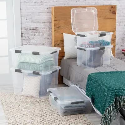 Sterilite 30qt Hinged Lid Latch Box: Plastic Storage Tote with Built-In Handles, Stackable, Universal Storage [30 Quart, Plastic, Spot or Wipe Clean]