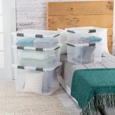 Sterilite 30qt Hinged Lid Latch Box: Plastic Storage Tote with Built-In Handles, Stackable, Universal Storage [30 Quart, Plastic, Spot or Wipe Clean]