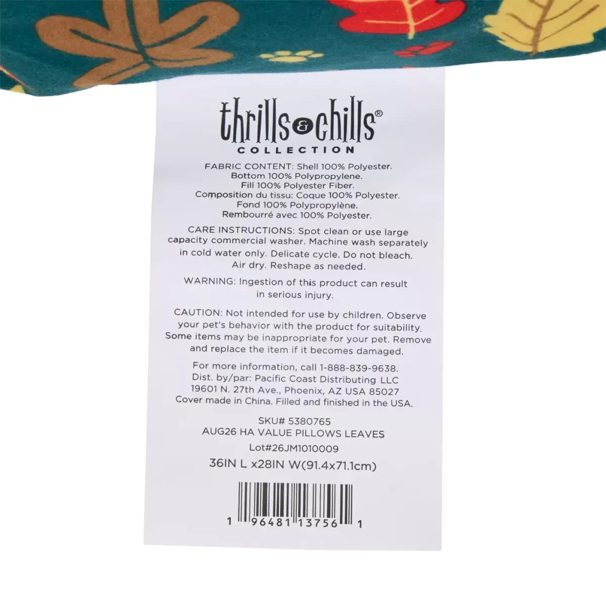 Thrills & Chills® Halloween Leaves Pillow Dog Bed, ONESIZE 36 IN L X 28 IN W [Brand Thrills & Chills®, Includes 1 Pillow Bed, Intended Pet(s) Dpgs, Material(s) Polyfill, Velboa, No