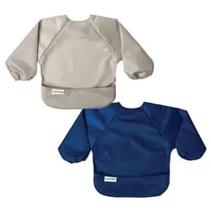 Tiny Twinkle Mess-Proof/Waterproof 2-Pack Long-Sleeve Baby Bib, Machine Washable Smock for Eating (Grey Indigo, Large 2-4 Years) [Dimensions (Overall) 27 inches (L), 13.5 inches (W