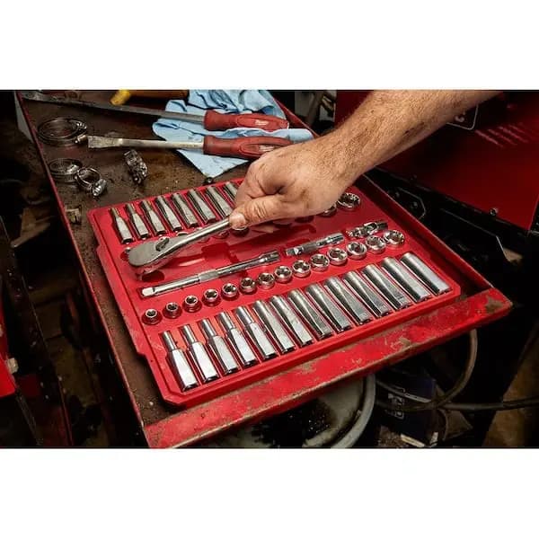 Milwaukee 3/8 in. Drive SAE/Metric Ratchet and Socket Mechanics Tool Set (56-Piece), 48-22-9008 [Carrier Type: Hard Shell Carrier, Features: Adapter(s) included,Extension(s) includ