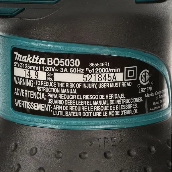 Makita 3 Amp Corded 5 in. Random Orbit Sander with Controlled Pad Speed and Dust Bag, BO5030K [Amperage (A): 3 A, Color Family: Blue, Cord Length (ft.): 8 ft]