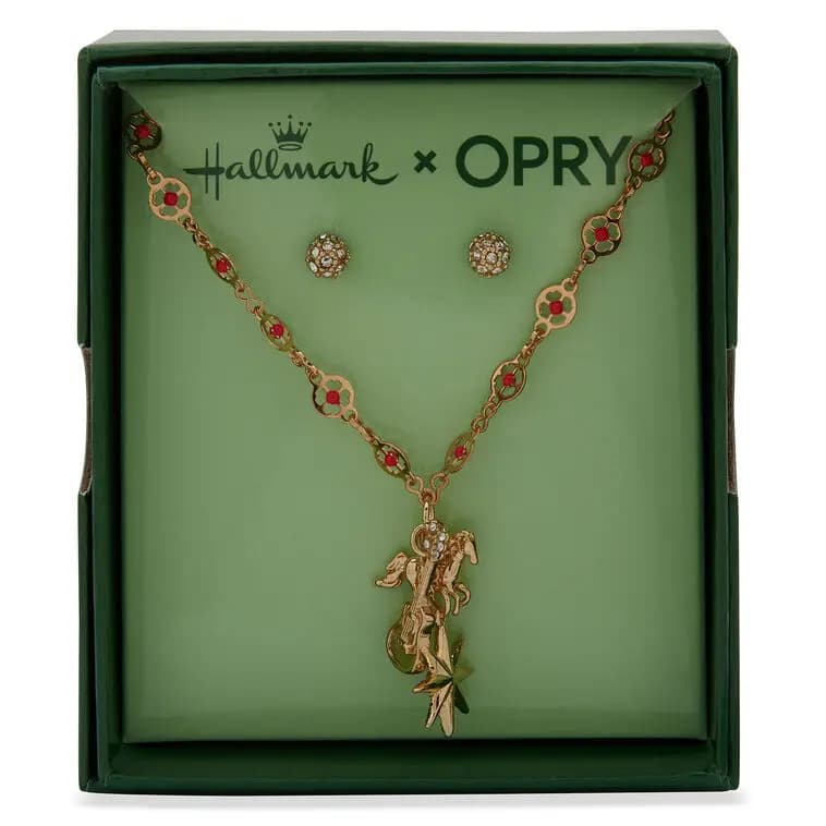 Hallmark x Opry Sparkly Stud Earrings and Red Bead Necklace Set [Necklace: 16" L; Earrings: 0.24" dia, Necklace and earrings set, Clean with a soft, dry cloth., 39B00032]