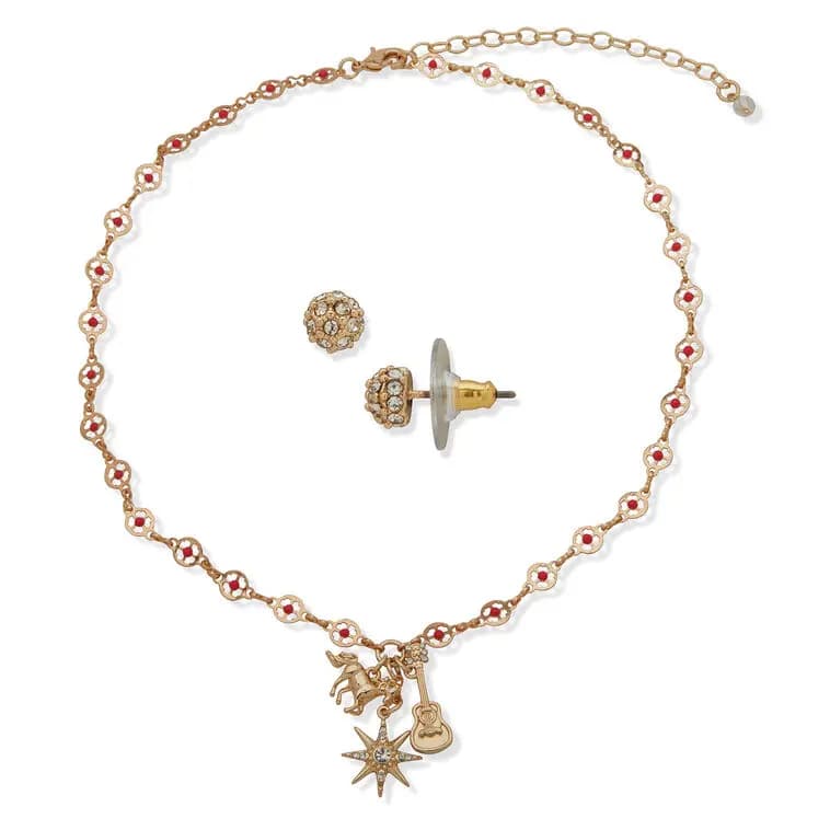 Hallmark x Opry Sparkly Stud Earrings and Red Bead Necklace Set [Necklace: 16" L; Earrings: 0.24" dia, Necklace and earrings set, Clean with a soft, dry cloth., 39B00032]