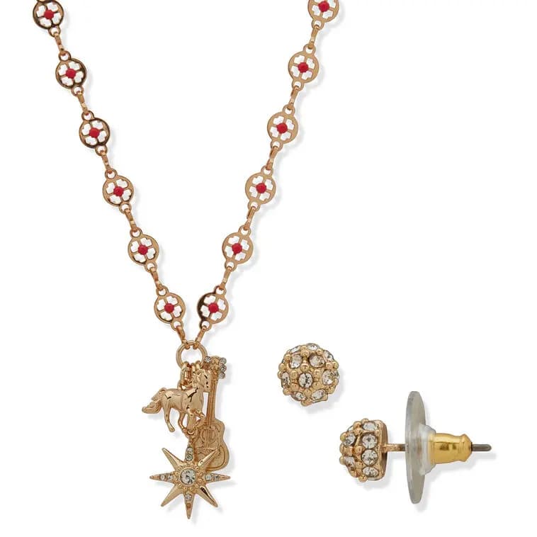 Hallmark x Opry Sparkly Stud Earrings and Red Bead Necklace Set [Necklace: 16" L; Earrings: 0.24" dia, Necklace and earrings set, Clean with a soft, dry cloth., 39B00032]