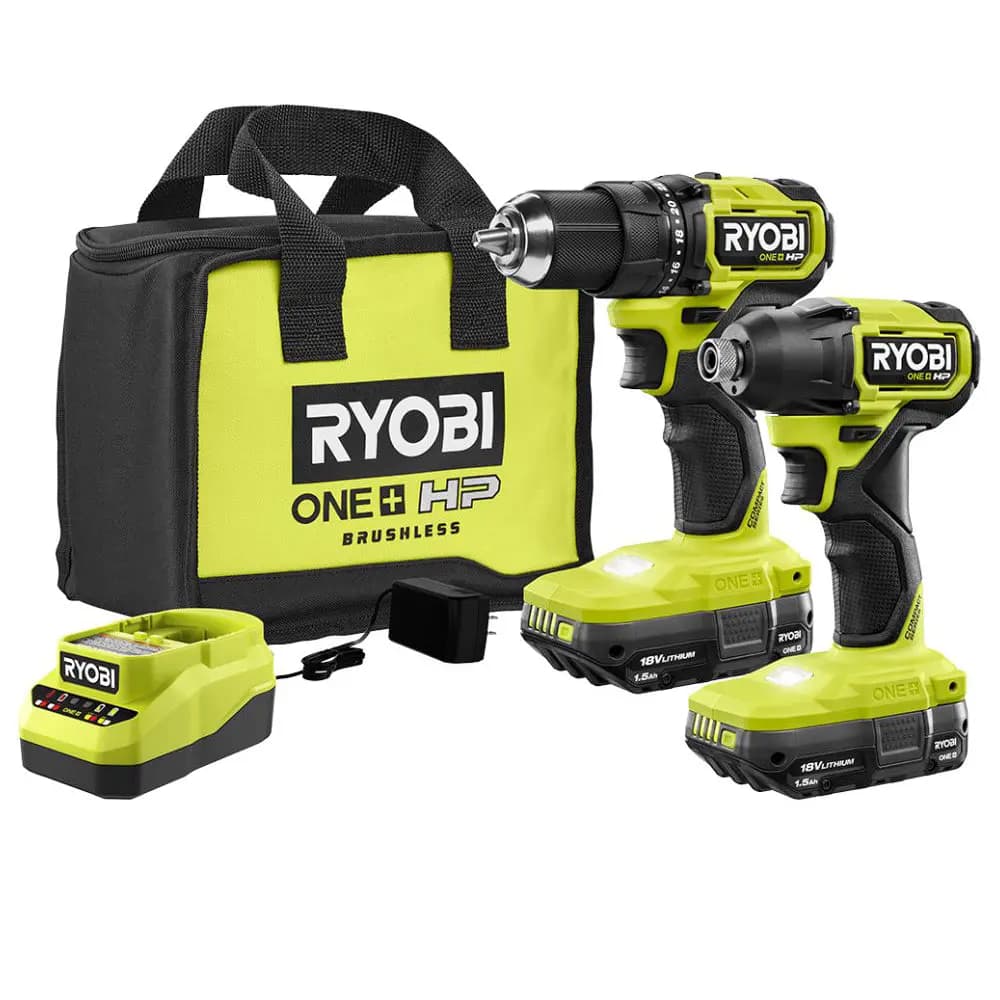 RYOBI 18V ONE+ HP Compact Brushless 2-Tool Combo Kit [Voltage 18V, Fuel Gauge Integrated LEDs, Capacity 1.5Ah]
