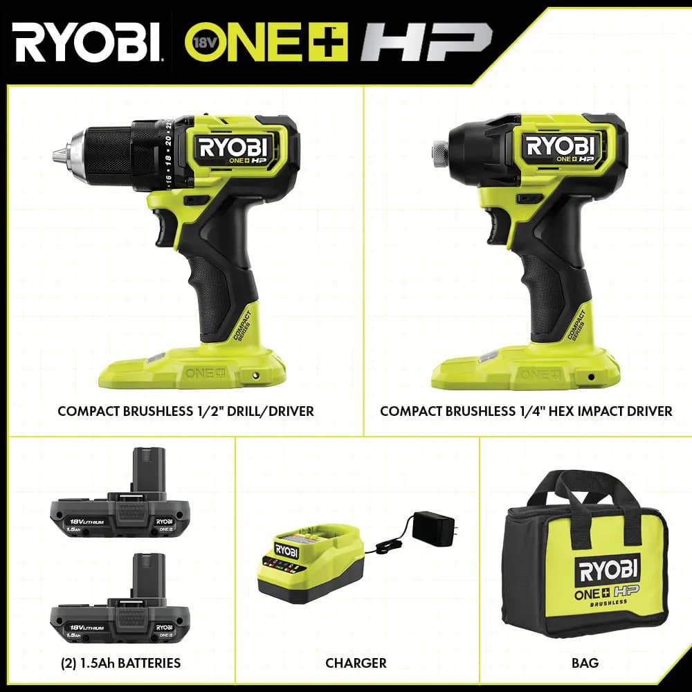 RYOBI 18V ONE+ HP Compact Brushless 2-Tool Combo Kit [Voltage 18V, Fuel Gauge Integrated LEDs, Capacity 1.5Ah]