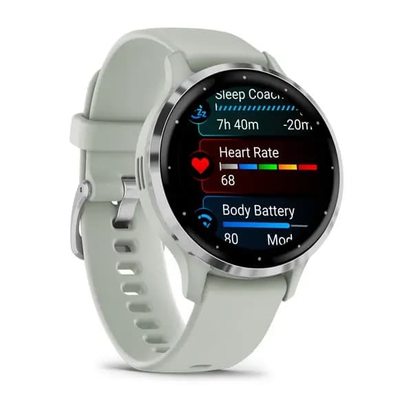 Garmin Venu 3S Silver Stainless Steel Bezel with Sage Gray Case and Silicone Band [AMOLED (optional always-on mode), Swim, 5 ATM, 1.2" (30.4 mm) diameter]