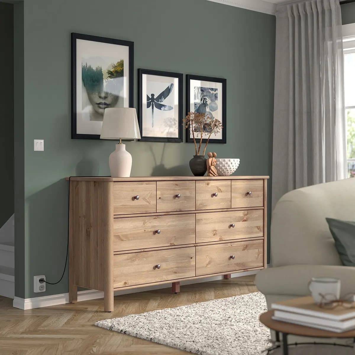 IKEA STOREMOLLA 8-drawer dresser, gray-brown stained 67 3/8x19 5/8x35 7/8 " [Depth 19 5/8 ", Drawer depth (inside) 15 3/4 ", Height under furniture 5 1/8 "]