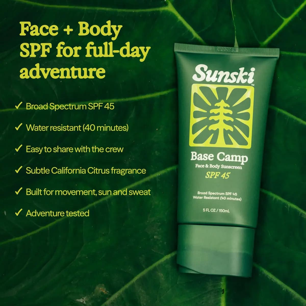 Sunski Base Camp SPF 45 Sunscreen 5 Fl oz / 150 mL [Broad Spectrum SPF 45 protection, Face + Body coverage, Lightweight, comfortable feel]