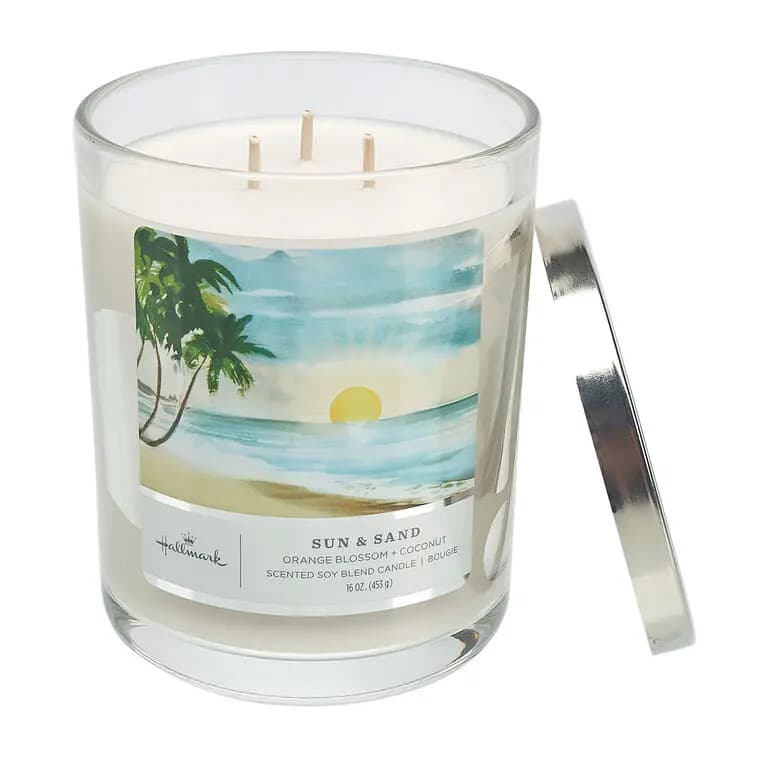 Sun and Sand Scented 3-Wick Jar Candle, 16 oz. [Dimensions 3.7" dia. x 5" H, Material Glass, metal and wax., Count 1, Volume 16 oz.]