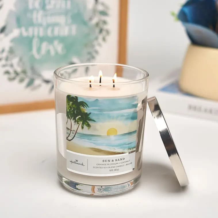 Sun and Sand Scented 3-Wick Jar Candle, 16 oz. [Dimensions 3.7" dia. x 5" H, Material Glass, metal and wax., Count 1, Volume 16 oz.]